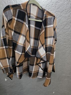 Flannel Plaid Draped Blazer in Brown, Black, Cream, and Gray